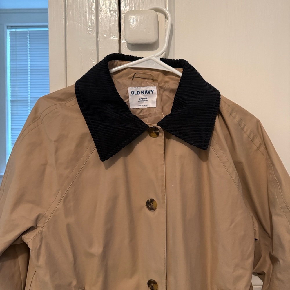 Old Navy Tan Rain Trench Coat with Corduroy Black Collar, Petite S - Picture 3 of 4